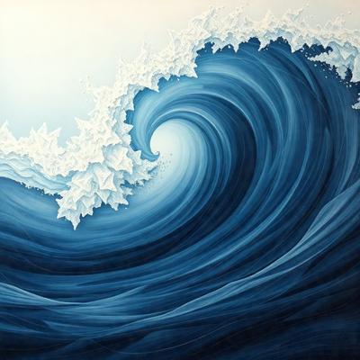 The primary subject of the image is a large, blue ocean wave. The wave is depicted in a painting or drawing, with a white background. The visual style suggests that it is a digital art or illustration, rather than a photo. The dominant colors in the image are blue and white, creating a serene and calming atmosphere.